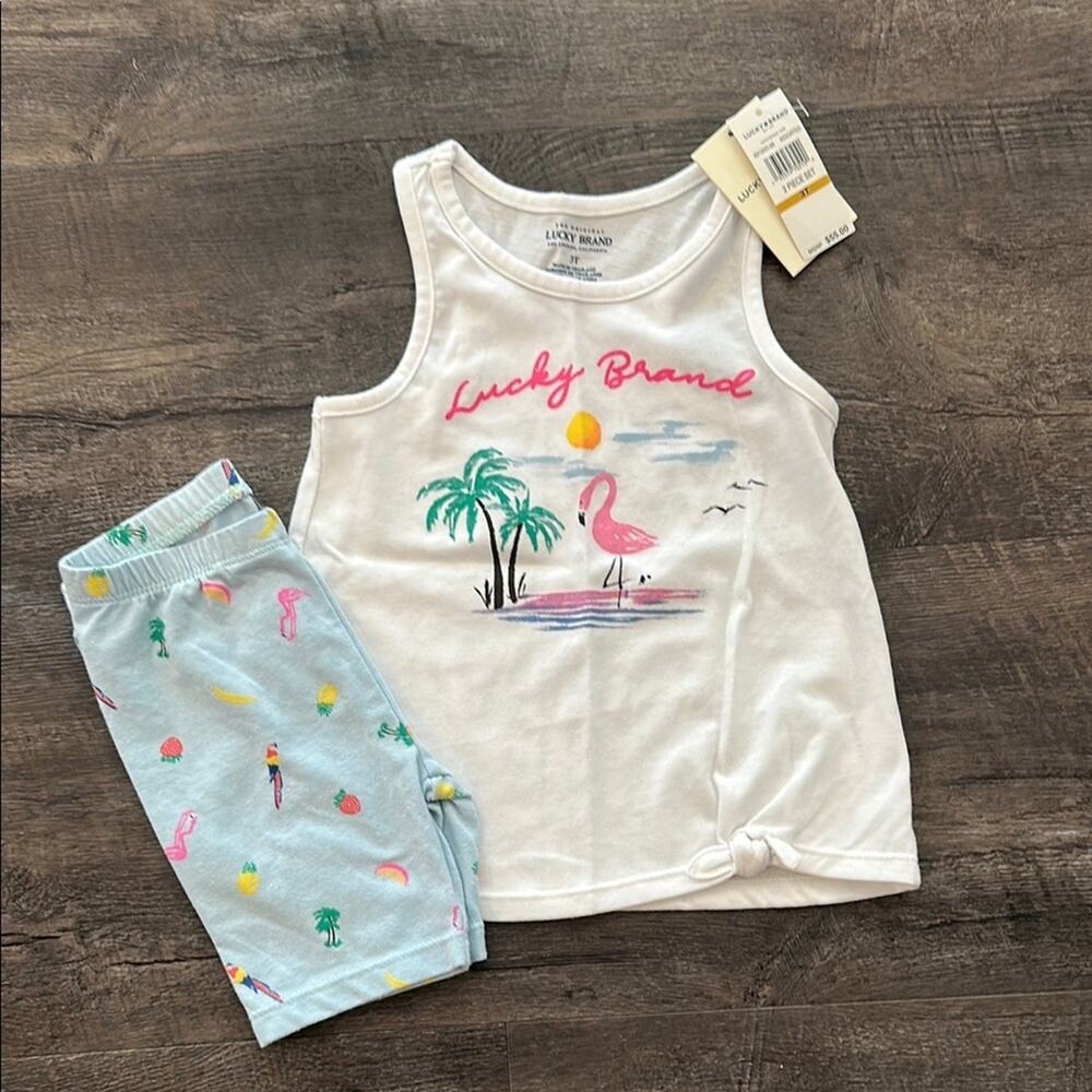Lucky Brand 3T Flamingo Tie-Waist Tank & Blue Bike Short Matching Set